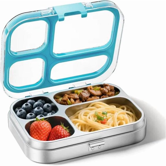 Stainless Steel Lunch Box - 4-Compartment Bento with Locking Lid, One-Touch Latch, Leakproof Food Container for School, Travel, Blue