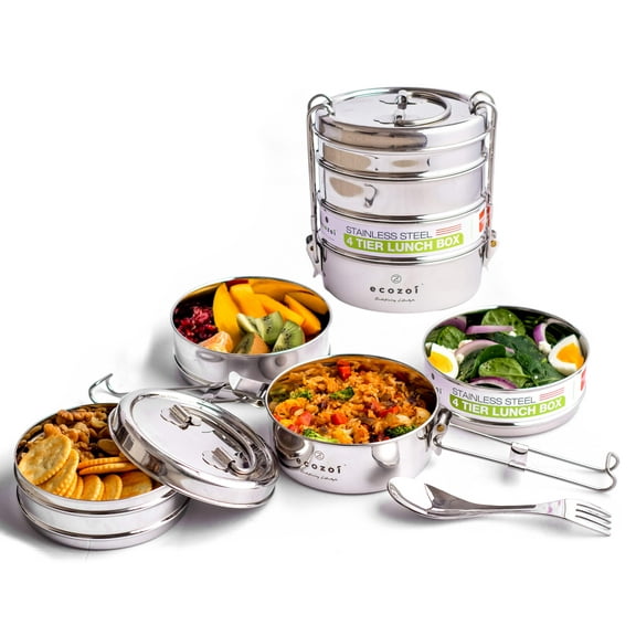 Ecozoi Stackable Lunch Box for Adult, 4 Tier Round with Spork, Stainless Steel, 55 Oz
