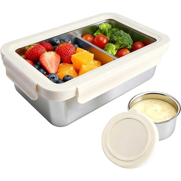 Stainless Steel Lunch Box Container for Adult, 42oz/1250ml Leak Proof Bento Box, Microwave-Safe with Removable Divider, Clear Airtight Lid Lunchbox for Work, Hike, Travel,