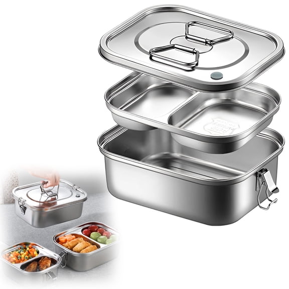 Stainless Steel Lunch Box Double Layer Dividers Leakproof Lock Container