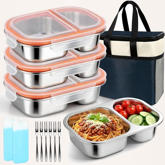 Stainless Steel Lunch Box, Snack Containers with Lids, Food Storage Container with Lockable Clip, Leak-proof, Dishwasher-Safe for Travel, Work