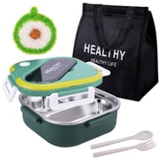 Stainless Steel Lunch Box, Stackable Bento Box for Adults with 3 Compartments, Leak-Proof Snack Boxes Container with Utensil for Adults Sandwich, Sauce Green