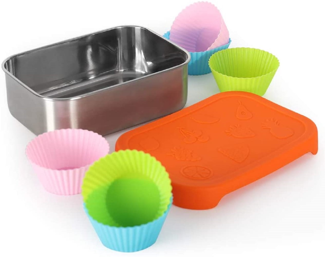 Stainless Steel Lunch Container, 28 oz Leak Proof Lunch Box Set with Orange Food Grade Silicone Lid and 6 Muffin Cups