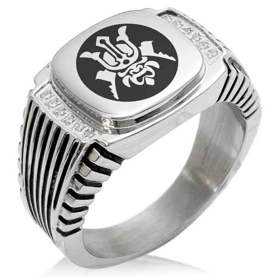 Tioneer Stainless Steel Máscara Samurai Crest CZ Ribbed Needle Stripe Pattern Biker Style Polished Ring