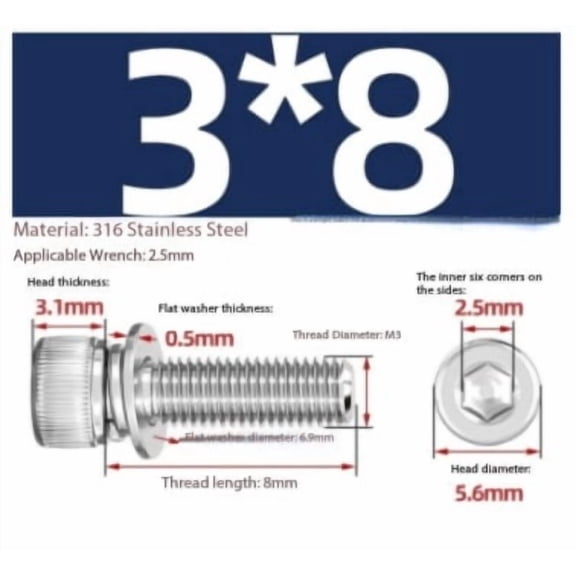 Stainless Steel M3 Hexagonal Screws with Cylindrical Heads and Spring-Loaded Washers - 50 Pack for DIY and Professional Use
