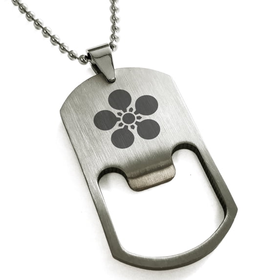 Tioneer Stainless Steel Maeda Samurai Crest Engraved Bottle Opener Dog Tag Pendant Necklace