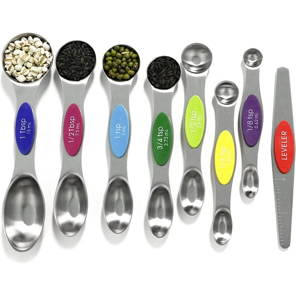 Stainless Steel Magnetic Measuring Spoons Set with Leveler, 8pcs Multicolors Cups Set, Baking and Kitchen Gadgets Fits in Spice Jars