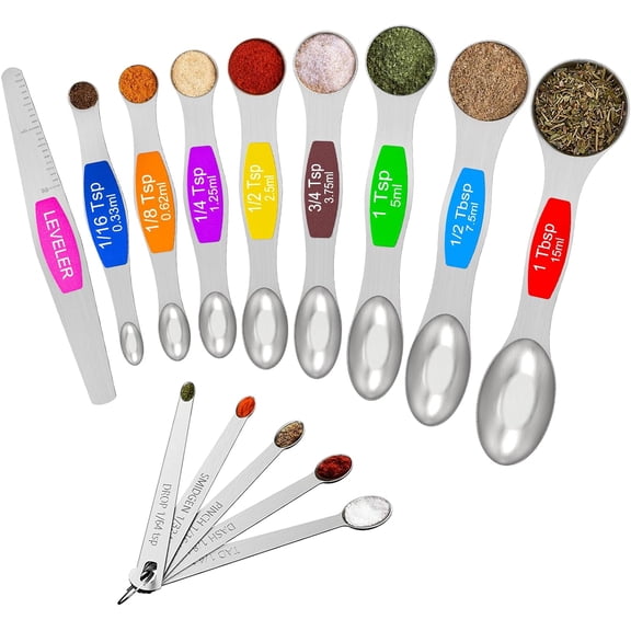 Stainless Steel Magnetic Measuring Spoons with Strong Magnets, 14pc | Including 8 Double Sided Magnetic Measuring Spoons, Leveler and 5 Mini Spoons for Spice Jar and Liquid Measuring, Multicolor