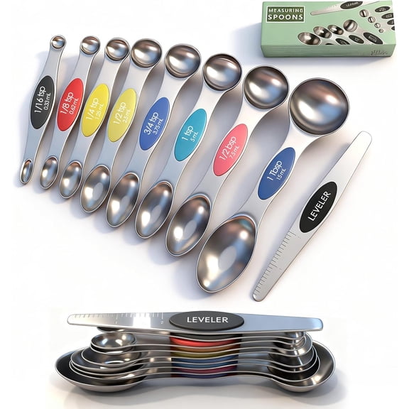 Stainless Steel Magnetic Measuring s Set of 9 with Leveler,Dual Sided, Stackable, Adjustable Tea and Table, Measuring Liquids and Dry Ingredients, Baking& Cooking Gadgest,Multicolor