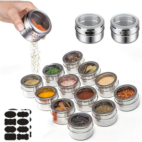 Stainless Steel Magnetic Spice Jars Set | 12 Pack Condiment Tins for Kitchen Storage | Clear Lid With Sift & Pour Holes | Easy Clean | Space Saving Seasoning Containers 6.3x4.5cm