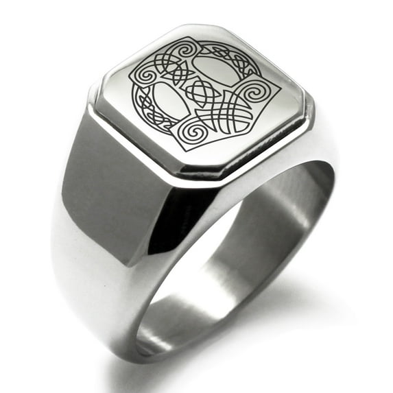 Stainless Steel Majesty Thor's Hammer Mjolnir Viking Engraved Square Flat Top Biker Style Polished Signet Ring
