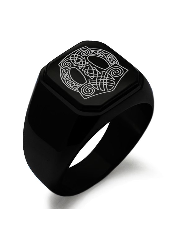 Stainless Steel Majesty Thor's Hammer Mjolnir Viking Engraved Square Flat Top Biker Style Polished Signet Ring