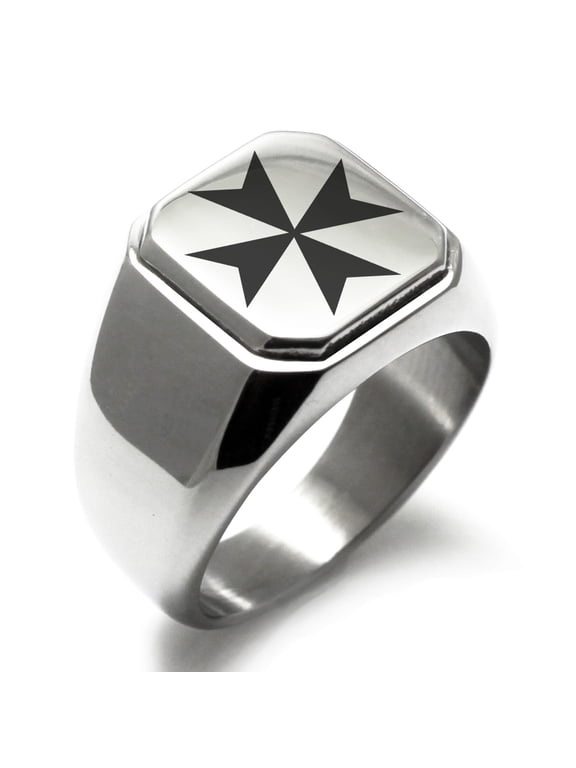 Stainless Steel Maltese Cross Engraved Square Flat Top Biker Style Polished Signet Ring
