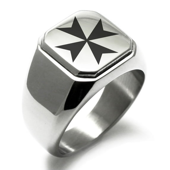 Stainless Steel Maltese Cross Engraved Square Flat Top Biker Style Polished Signet Ring