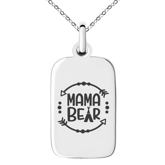 Stainless Steel Mama Bear Small Rectangle Dog Tag Charm Pendant Necklace