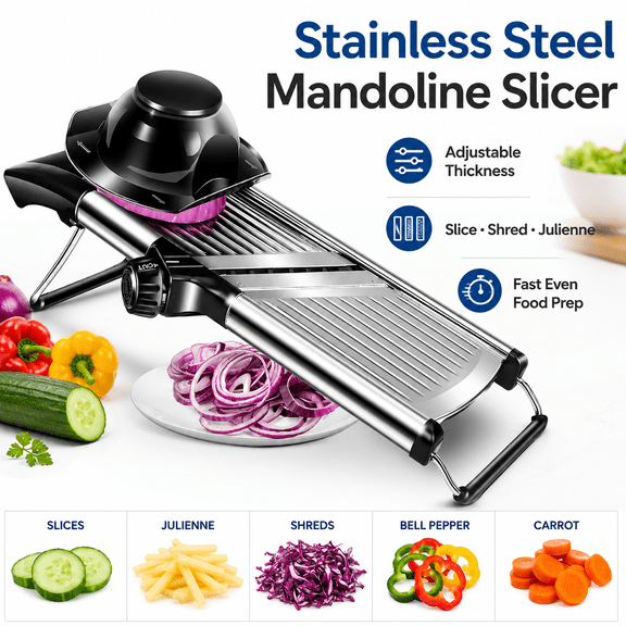 Stainless Steel Mandoline Slicer, Adjustable Vegetable Chopper and Veggie Cutter with Multiple Blades for Potatoes, Cucumbers, Onions, Carrots and Kitchen Food Prep