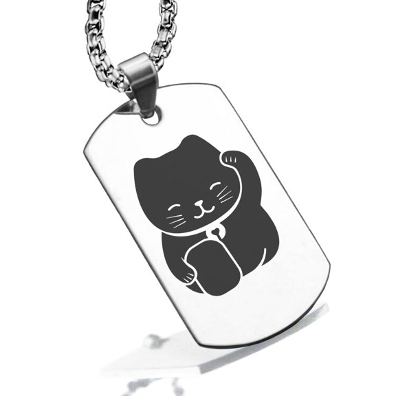Stainless Steel Maneki Neko Good Luck Charm Dog Tag Pendant Necklace