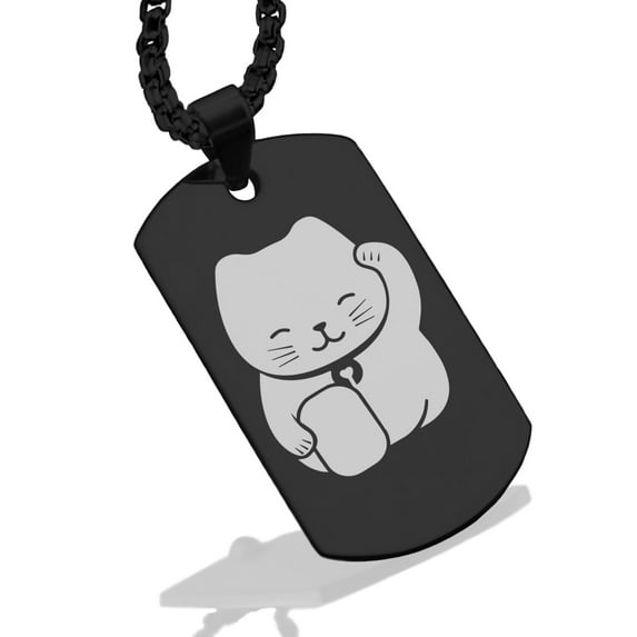 Stainless Steel Maneki Neko Good Luck Charm Dog Tag Pendant Necklace