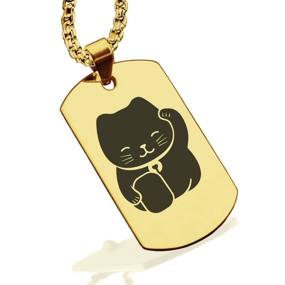 Stainless Steel Maneki Neko Good Luck Charm Dog Tag Pendant Necklace
