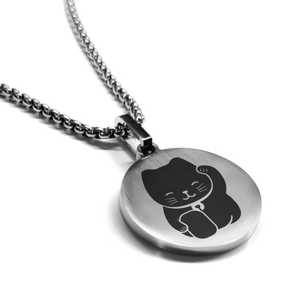 Stainless Steel Maneki Neko Good Luck Charm Round Medallion Pendant Necklace