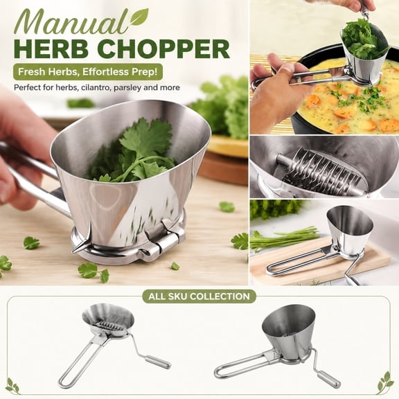 Stainless Steel Manual Herb Chopper, Hand Crank Parsley Cilantro Grinder Mill, Vegetable Spice Shredder Cutter with Rotary Blades for Kitchen Prep