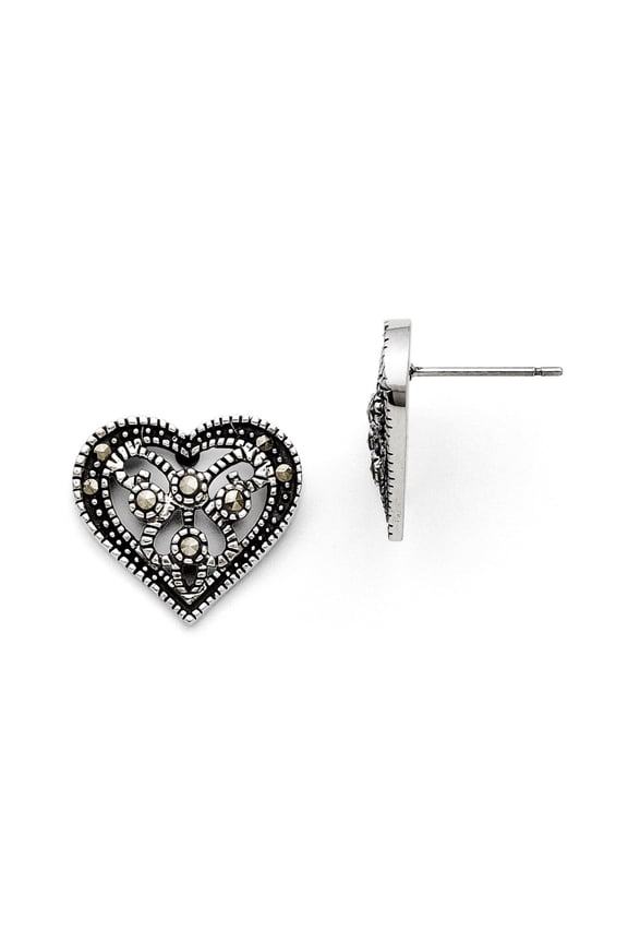 Stainless Steel Marcasite Textured Heart Post Earrings