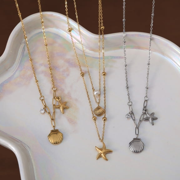 Stainless Steel Marine Shell Starfish Pearl Necklace