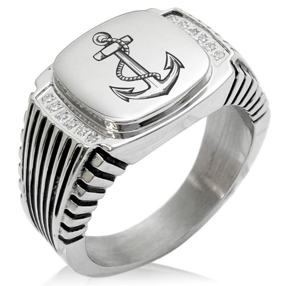 Tioneer Stainless Steel Mariner Nautical Anchor CZ Ribbed Needle Stripe Pattern Biker Style Polished Ring