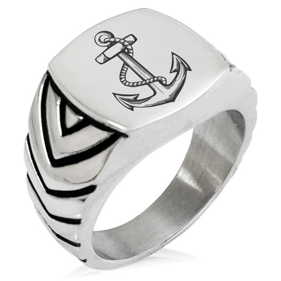 Tioneer Stainless Steel Mariner Nautical Anchor Chevron Pattern Biker Style Polished Ring