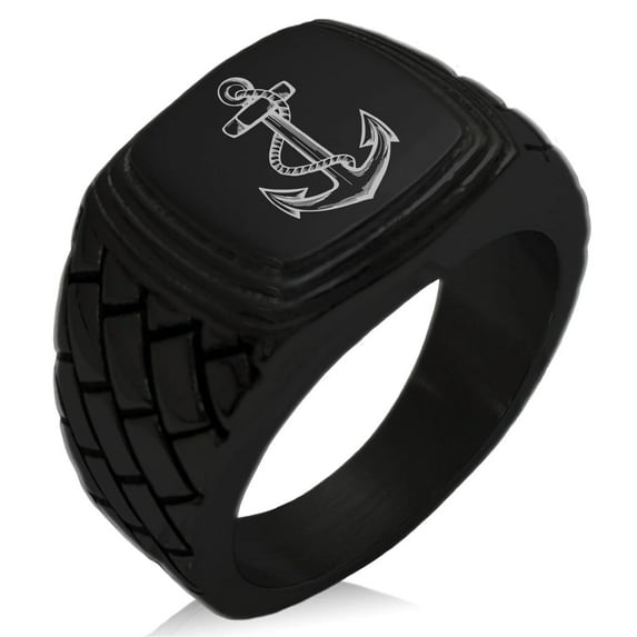 Tioneer Stainless Steel Mariner Nautical Anchor Geometric Pattern Male CZ Step-Down Biker Style Adult Polished Ring