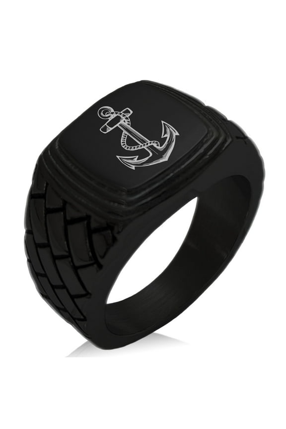 Stainless Steel Mariner Nautical Anchor Geometric Pattern Step-Down Biker Style Polished Ring