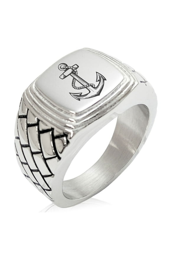 Stainless Steel Mariner Nautical Anchor Geometric Pattern Step-Down Biker Style Polished Ring