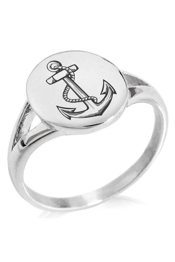 Stainless Steel Mariner Nautical Anchor Minimalist Oval Top Polished Statement Signet Ring