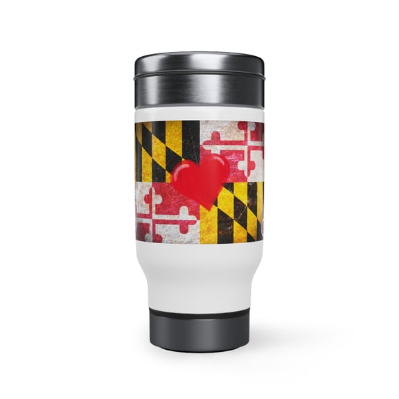 Stainless Steel Maryland Flag Love Travel Mug with Handle, 14oz