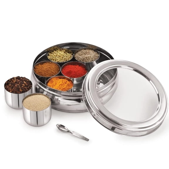 Stainless Steel Masala Dabba | Masala Box For Kitchen | Masala Dani | With 7 Spice Storage Container (Belly Shape, Glass Lid, 1500Ml), Silver
