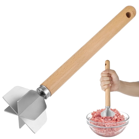 Meat Chopper, 304 Stainless Steel Ground Beef Chopper Tool with Wood Handle, 6-Blade Food Masher, Hamburger Smasher Tool for Mashing Potatoes, Pureeing Chicken, Easy Clean