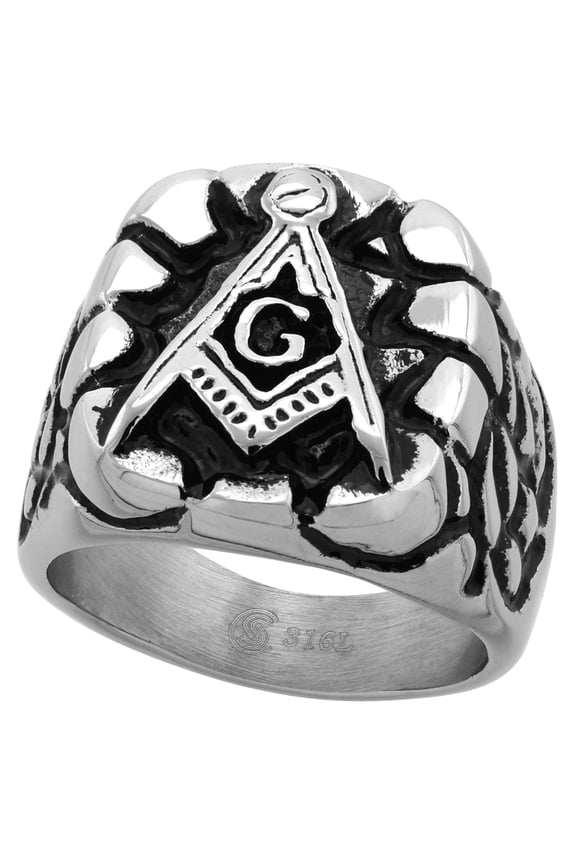 Stainless Steel Masonic Ring for Men Square and Compass Nugget Design 3/4 inch wide size 12