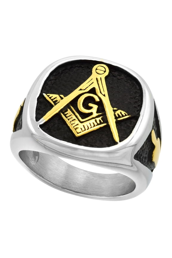Stainless Steel Masonic Ring for Men Square and Compass Trowel sides Two Tone 3/4 inch wide size 10