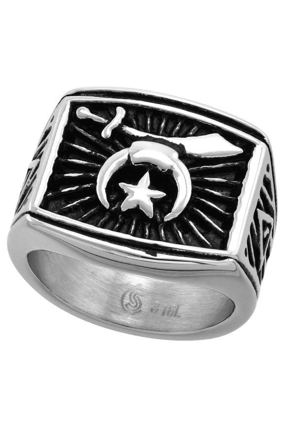 Stainless Steel Masonic Shriners Ring for Men Rectangular 3/4 inch wide size 9