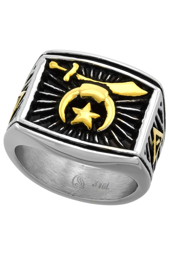 Stainless Steel Masonic Shriners Ring for Men Two Tone Rectangular 3/4 inch wide size 12