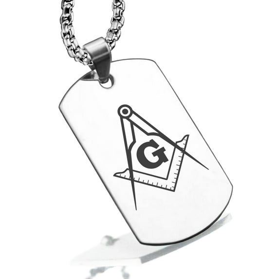 Stainless Steel Masonic Square and Compass Symbol Dog Tag Pendant Necklace