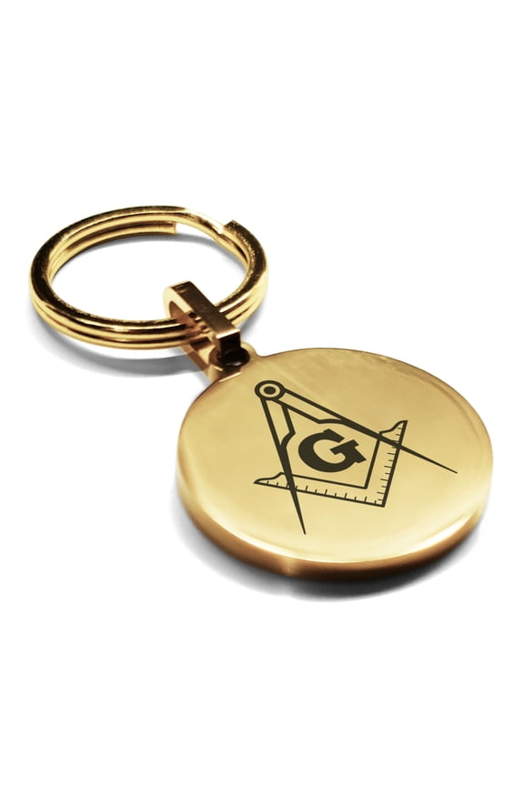 Stainless Steel Masonic Square and Compass Symbol Round Medallion Keychain Circle Ring