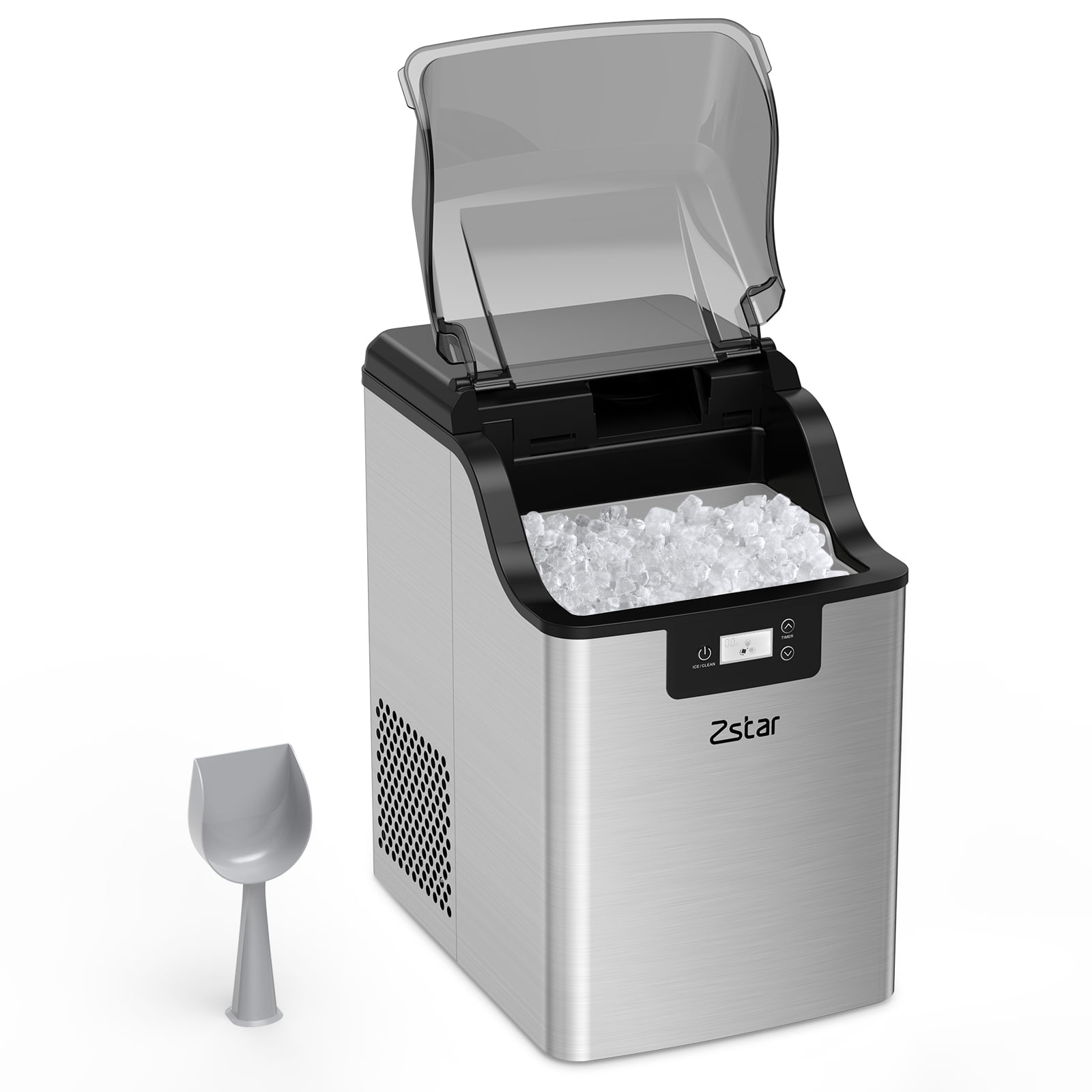 Stainless Steel Masticating Ice Maker, 44 lbs/24 Hours, 3.3 lbs ice Basket Capacity, self-Cleaning, Timer Function, Suitable for Parties, Kitchen, bar, Office