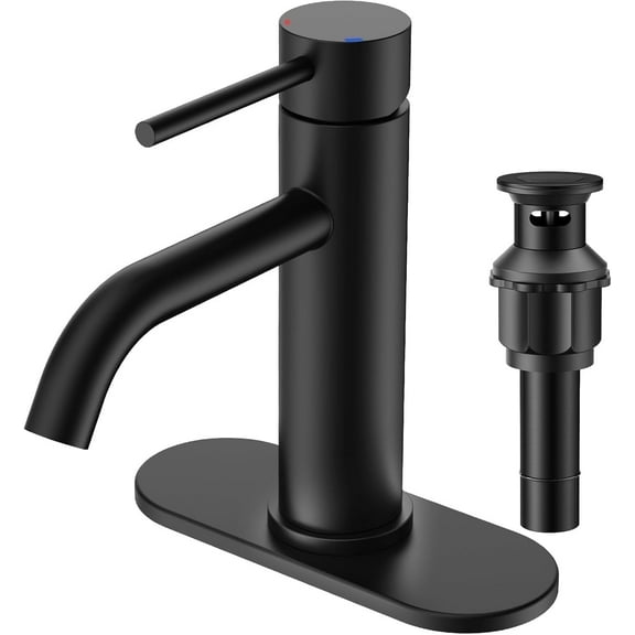 TVOFEK Single Hole Bathroom Faucet, Matte Black Bathroom Sink Faucets 3 Hole with Metal Pop up Drain, Deck Plate and Supply Hose for Vanity RV Restroom