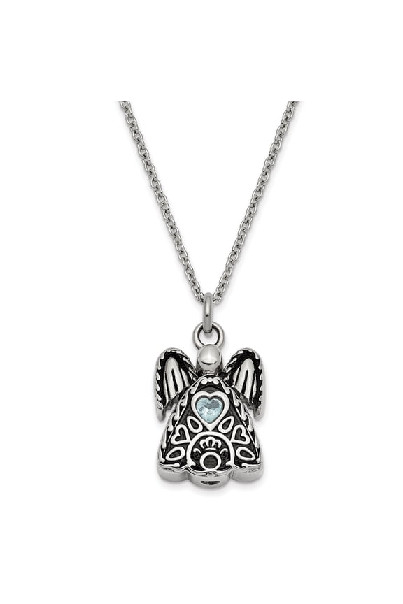 Stainless Steel Mar. CZ Antiqued Ash Holder Birth Stone 18in. Necklace and Pendant