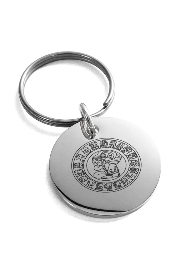 Stainless Steel Mayan Calendar Rune Engraved Small Medallion Circle Charm Keychain Keyring Celtic