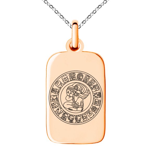 Stainless Steel Mayan Calendar Rune Engraved Small Rectangle Dog Tag Charm Pendant Necklace