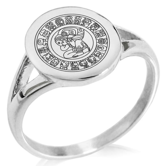 Stainless Steel Mayan Calendar Rune Minimalist Oval Top Polished Statement Signet Ring