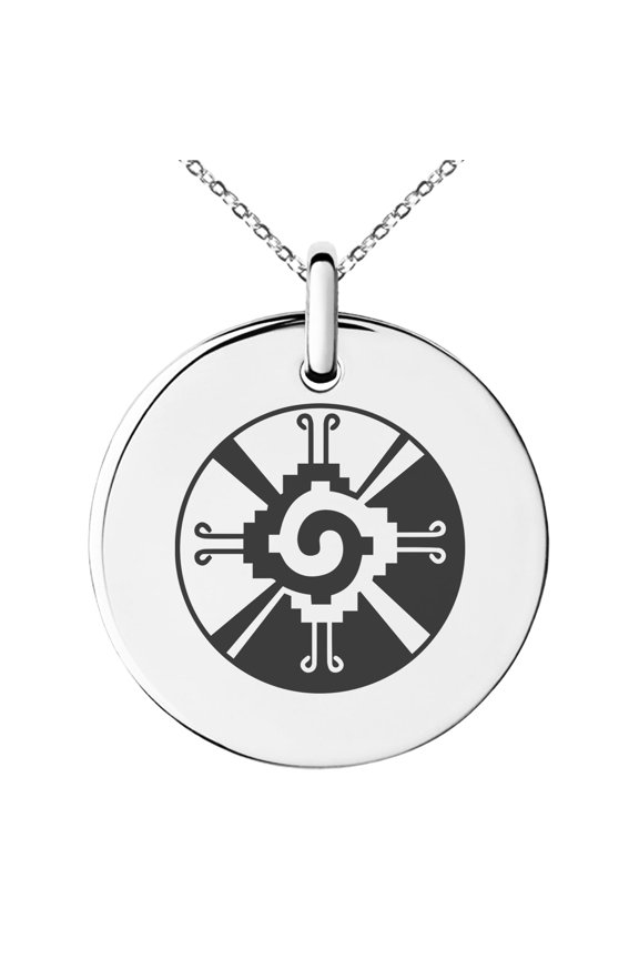 Stainless Steel Mayan Hunab Ku Rune Engraved Small Medallion Circle Charm Pendant Necklace