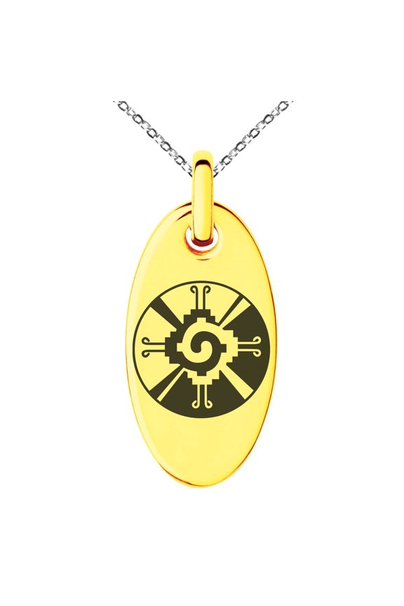 Stainless Steel Mayan Hunab Ku Rune Engraved Small Oval Charm Pendant Necklace